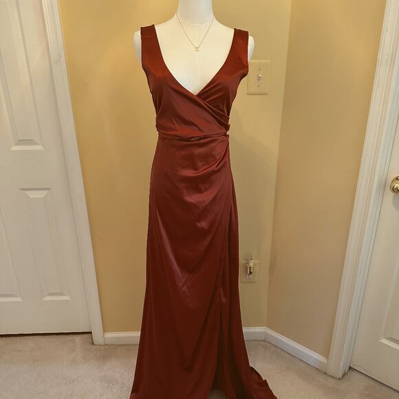 Bronze/Rust/Copper Satin Wrap Dress, Size Small - Picture 1 of 8